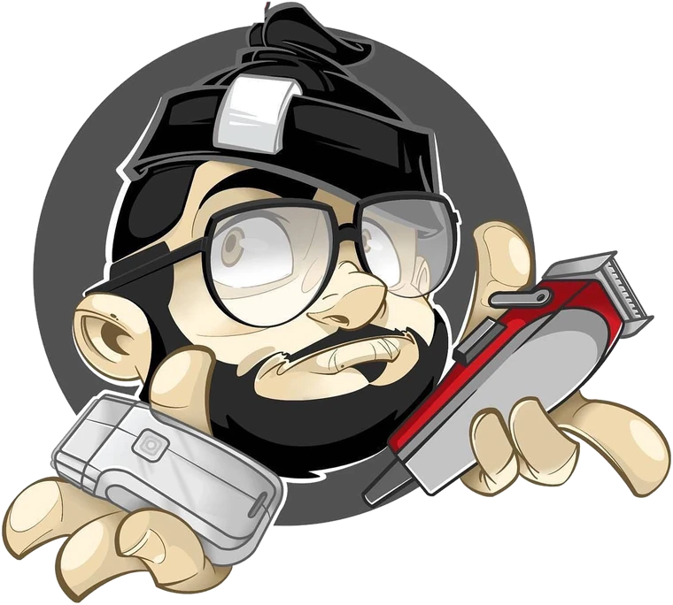 Mascota de Irving Barbería: caricatura del barbero con lentes, gorra y barba, con la máquina roja en una mano y la rasuradora en la otra